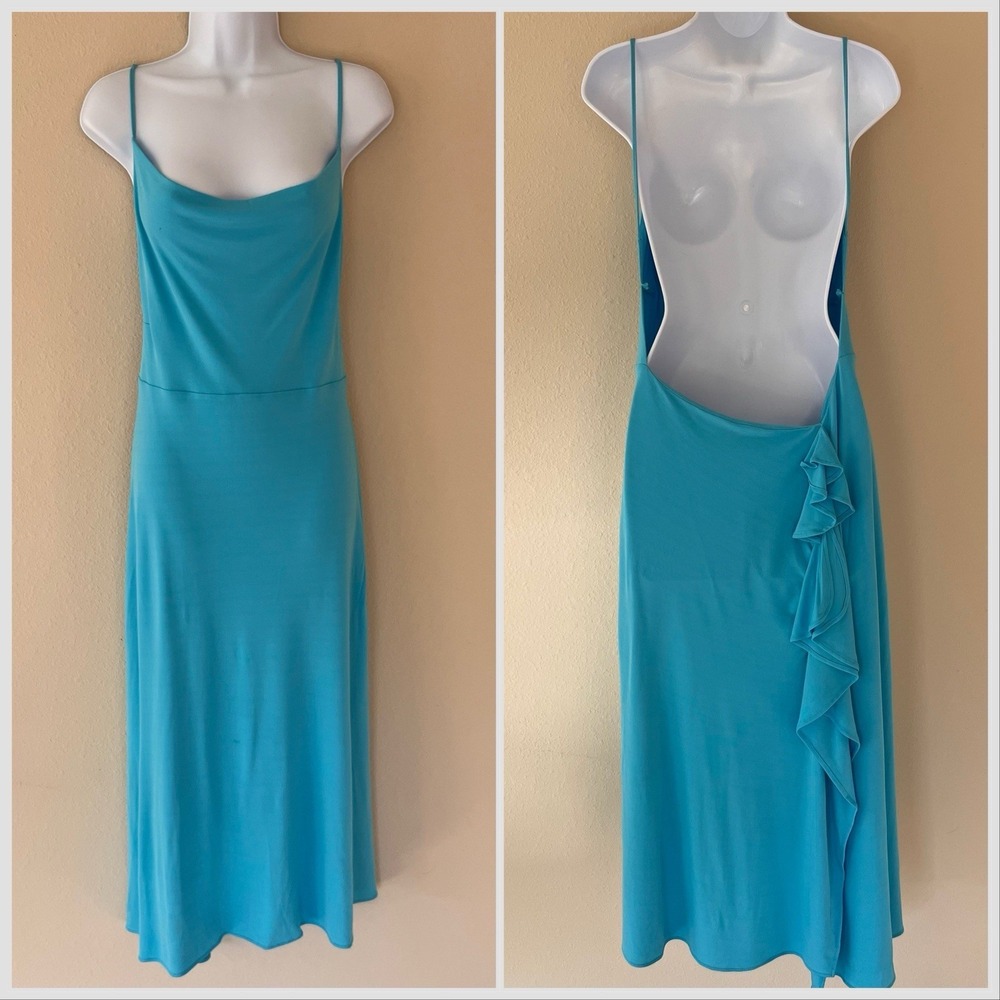 Yigal Vintage Y2K Midi Dress Sz 3 Cowl Open Back Ruffle Aqua 90s Mermaidcore